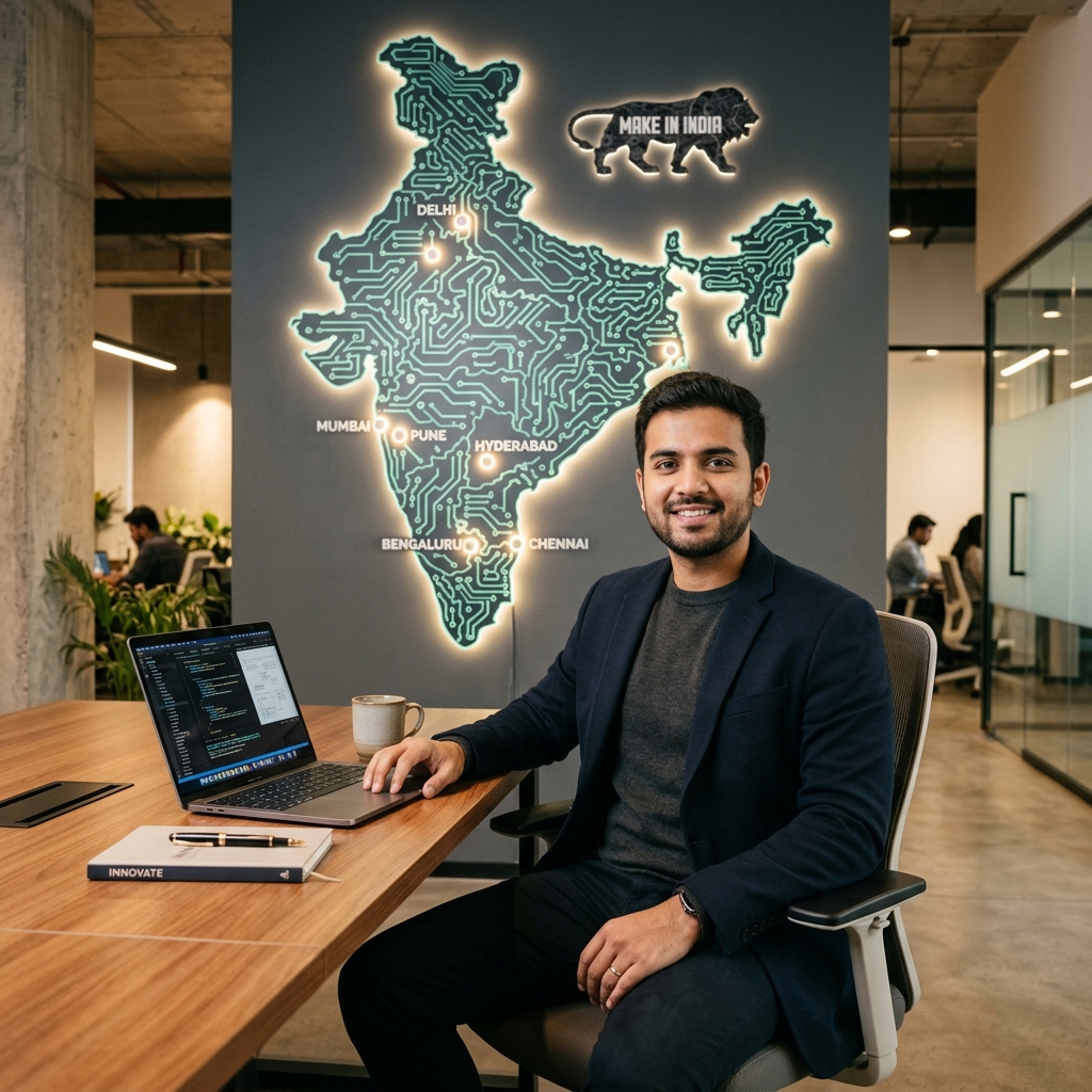 Sachin Pal — Founder GYB360° with Make in India Circuit Board